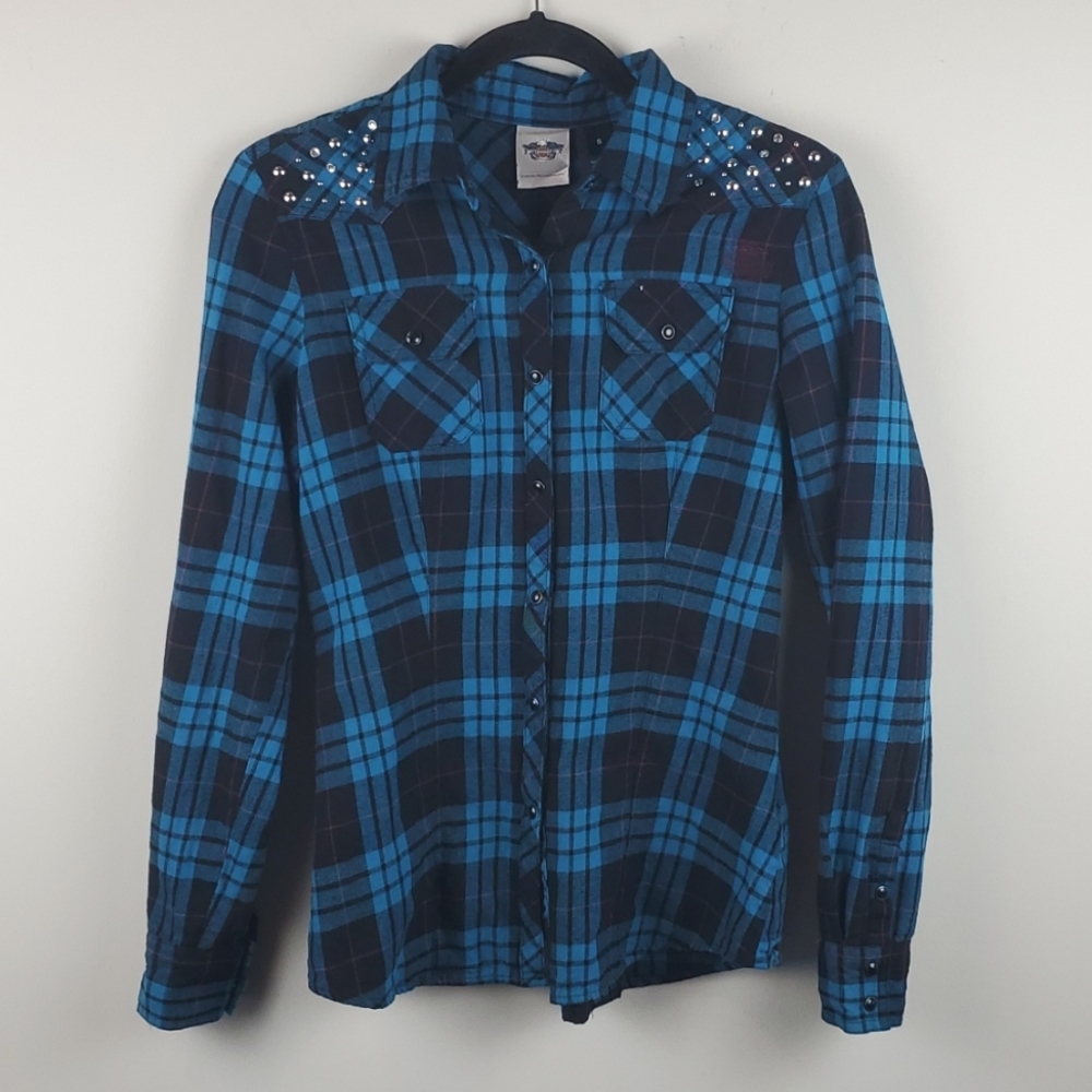 Harley Davidson Blue/Black Plaid Studded